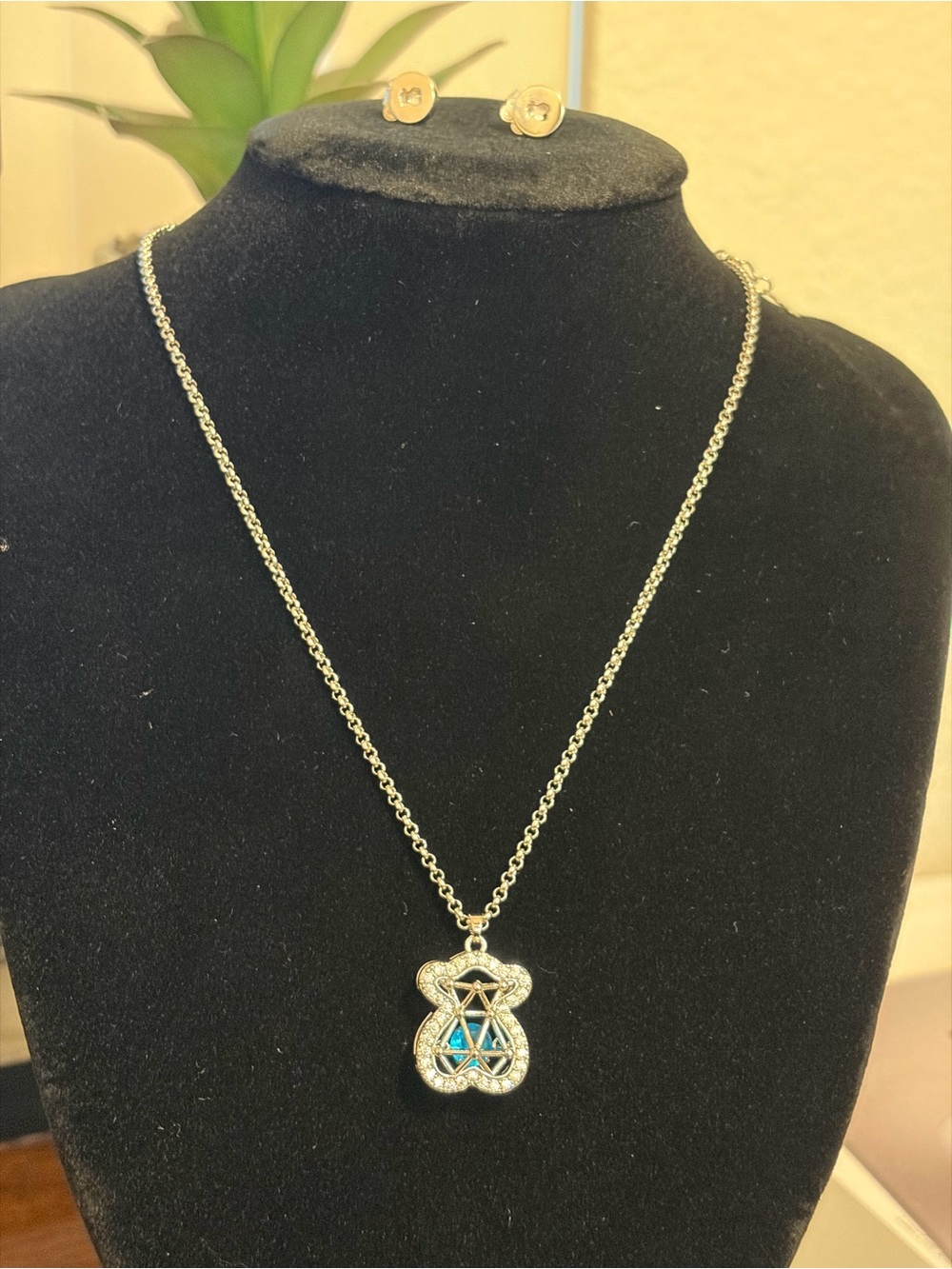 TOUS Sterling Silver 925 Jewelry Set - Bear Pendant Necklace with Blue Crystal &